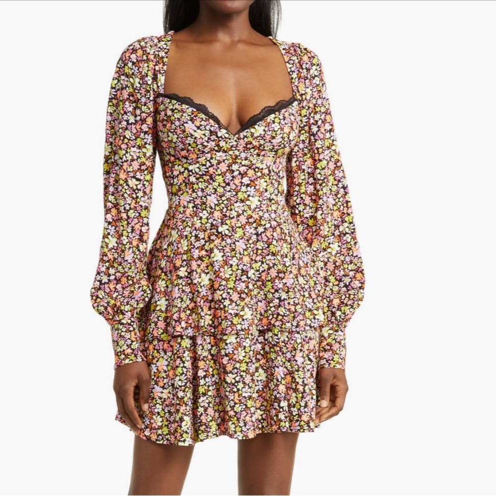AFRM Modesto Floral Long Sleeve Dress in Noir Wildflower SIZE L